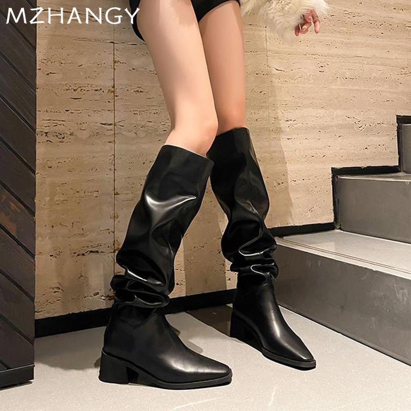 Женские высокие сапоги на среднем каблуке, кожаные массивные плиссированные туфли, женская мода 2024 года, модные ботинки челси, зимние элегантные зимние ботинки Botas Mujer