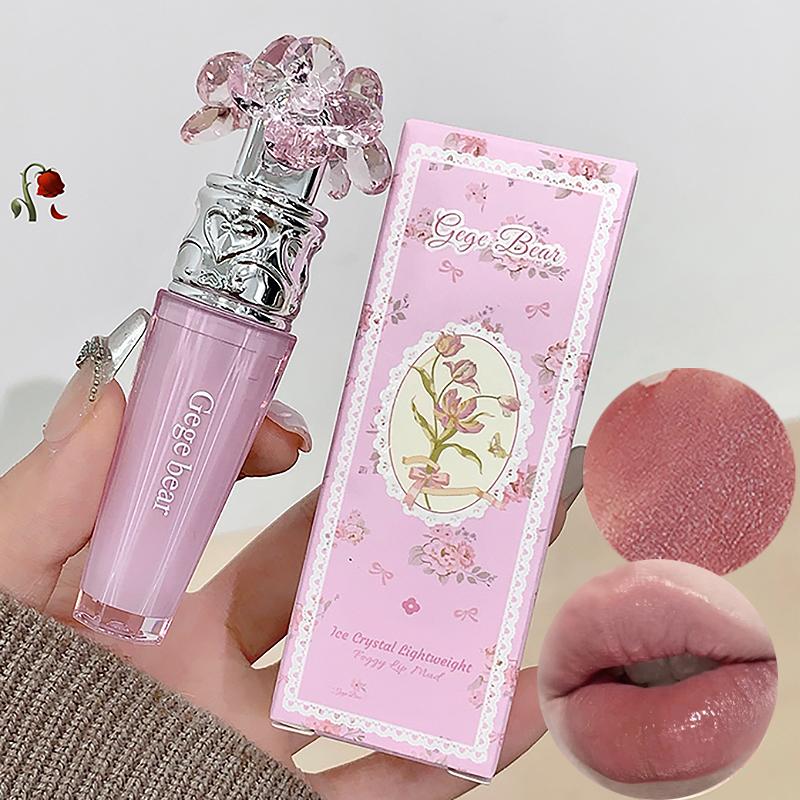 Transparent Crystal Flower Liquid Lipstick Cream Water Matte Grey Pink Lip Glaze Mud Waterproof Nude Almond Brown Tint Makeup