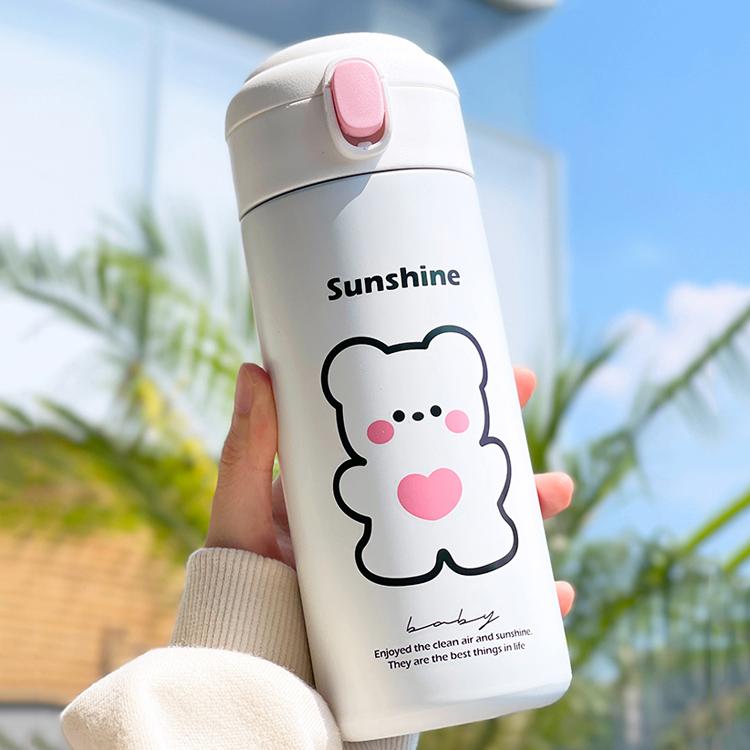 Термобутылка Kawaii Bear, 380 мл для детей, школьных женщин, изолированная чашка из нержавеющей стали с соломой, милые термобутылки для воды