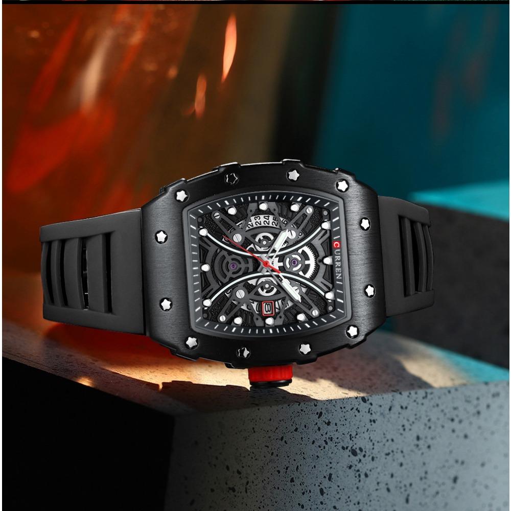 Curren 8438 Роскошные Мужские Кварцевые Наручные Часы с Силиконовым Ремешком, Водонепроницаемые, Квадратные, Спортивные, С Функцией Календаря