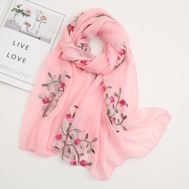 Chinese Style Embroidered Peach Blossom Chiffon Travel Sunscreen Shawl Muslim Hijab Scarf EMA