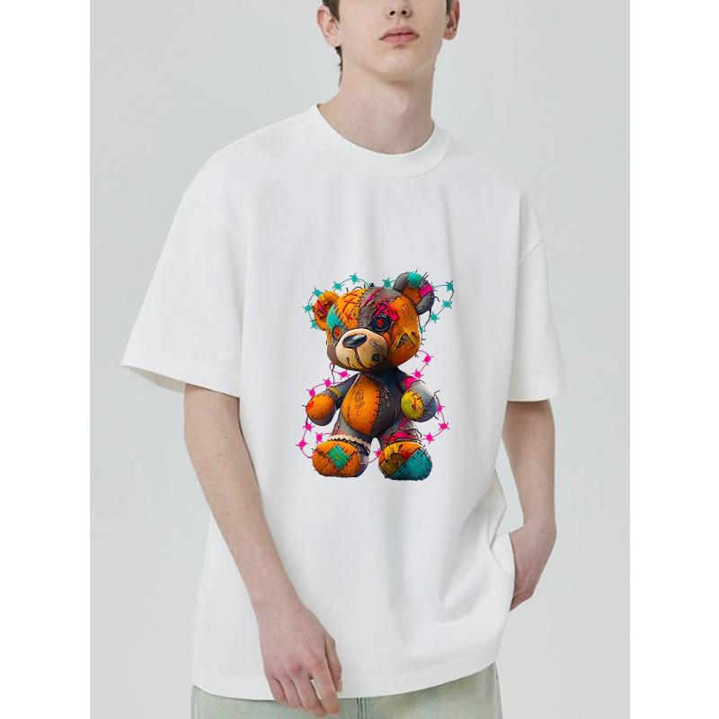Crewneck T Shirt Black Colorful Patchwork Teddy Bear Graphic Print Casual Streetwear Fashion Unisex Top for Men and Women Daily Wear Outfit