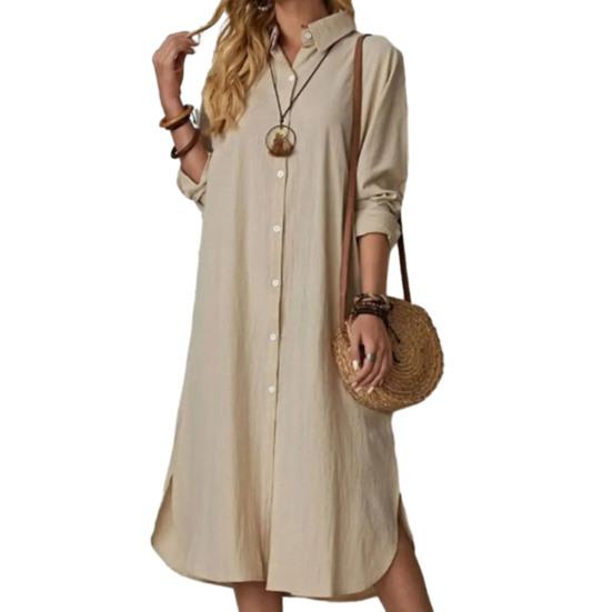 Women Long Shirt Dress Lapel Collar Long Sleeve Button Placket Solid Dress Elegant Ladies Casual Loose Cotton Linen Dress Summer Female Clothes
