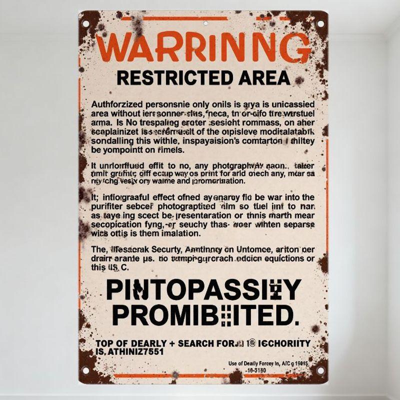 Vintage Rusty Metal Sign 'WARRING RESTRICTED AREA' Distorted Text Warning Plaque for Man Cave Bar Home Decor with Rusty Edges &