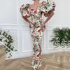 Women's Summer V-Neck Printed High Waist Big Swing Short Sleeve Dresses