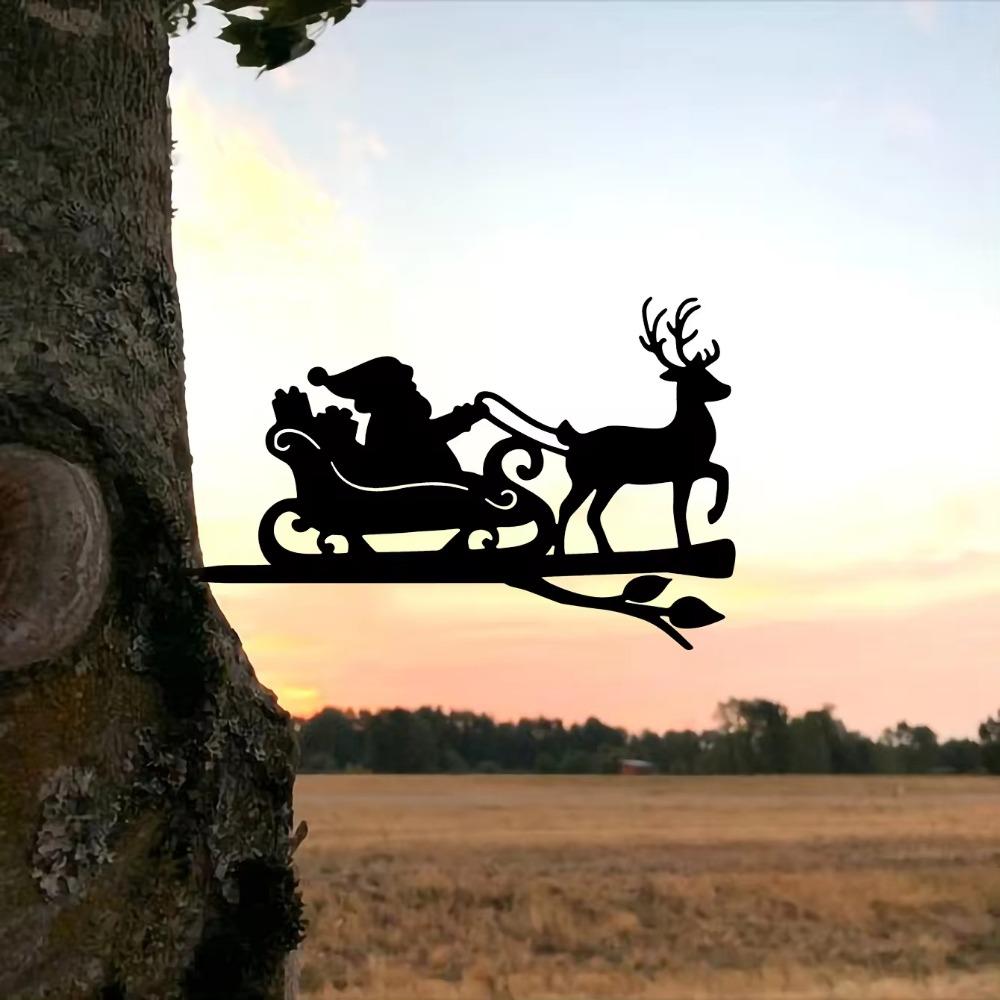 1 шт. Металлическая настенная скульптура в виде оленя и Санта-Клауса - стальной силуэт на ветке, идеально подходит для украшения дома, сада и улицы