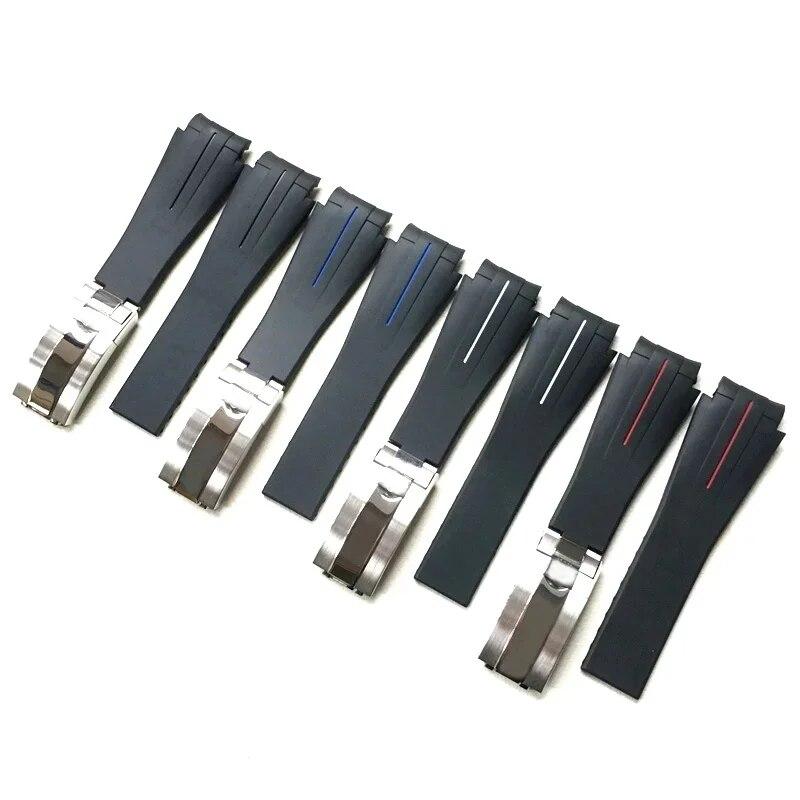 21mm Black Rubber Watchbands Silicone Strap Deployment Clasp Folding Buckle Fits For Rolex Yacht Master Oysterflex
