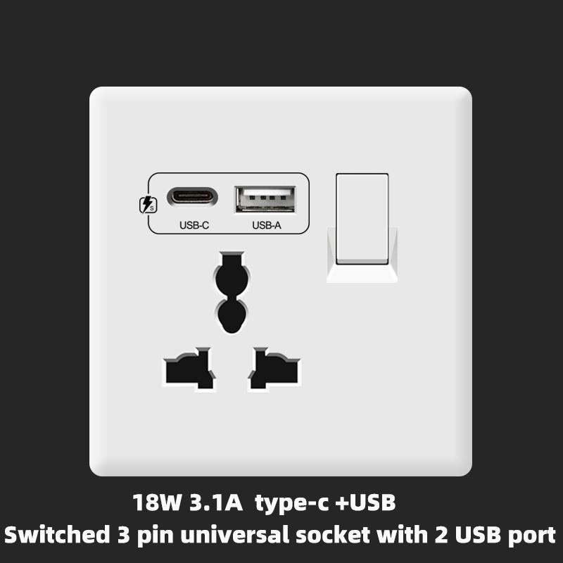 UK 13A Wall Power Socket with USB Type-c 18W Quick Charge Outlet Plug,White Universal Light Switch Double Usb Electrical Socket