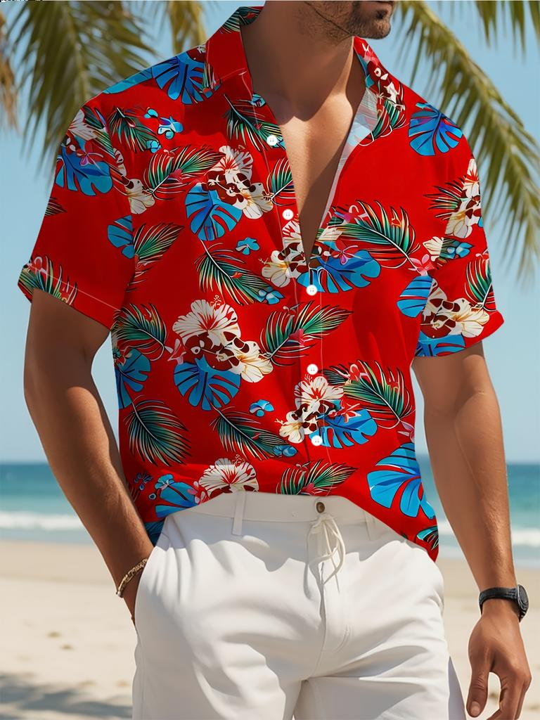 Men'S Collared Hawaiian Shirt, Red Base with Hibiscus And Monstera All-Over Print, Breathable Lightweight Summer Vacation Shirt