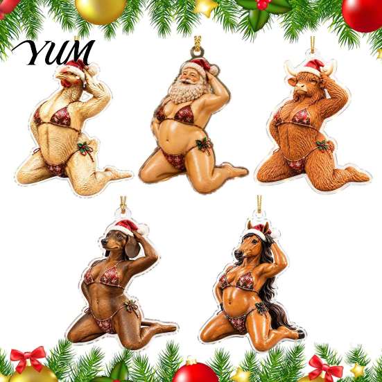 Christmas Tree Decorations Bikini Ornaments, Quirky Santa Claus Dachshund Highland Cow Hanging Decoration, Hilarious Decor Acrylic Pendant for
