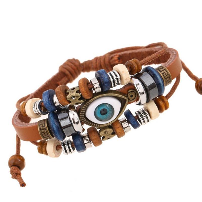 Unisex Vintage Leather Beaded Eye Adjustable Bracelet Handmade Fashion Jewelry Accessory for All Occasions