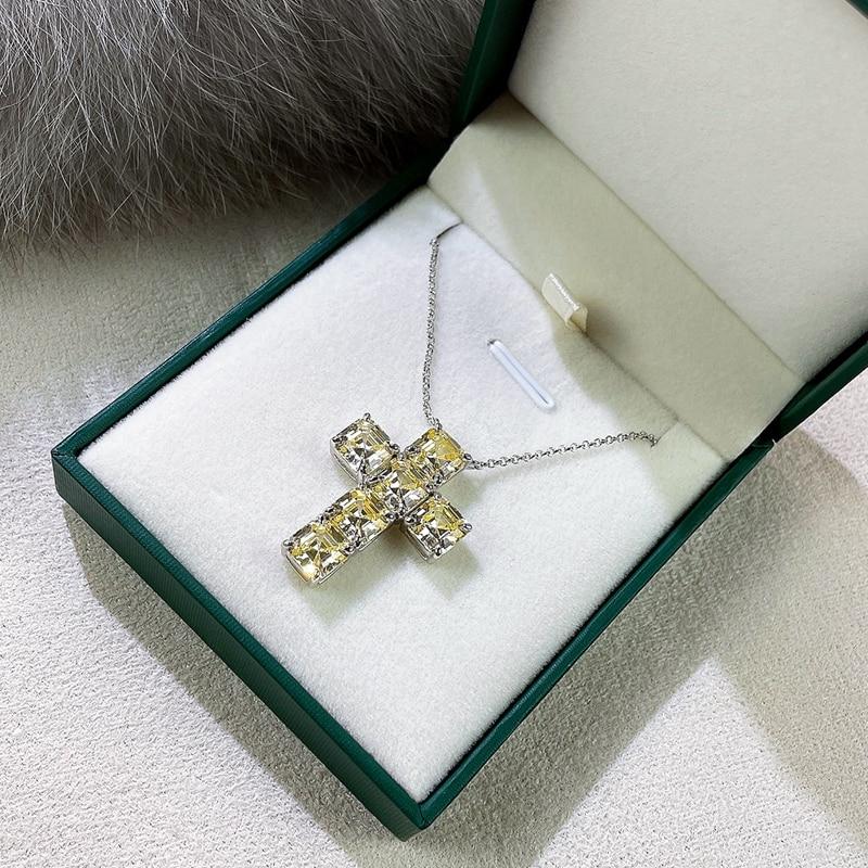 100% стерлингового серебра 925 пробы 7*7 мм желтый крест высокоуглеродистый бриллиант кулон ожерелье для женщин сверкающие вечерние ювелирные украшения