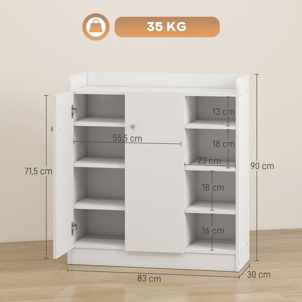 Shoe Cabinet, 4 Open Compartments, Double Doors, Adjustable Shelf, 12 Pairs, 83x30x90cm, White