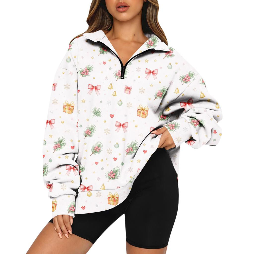 Women's Fashion Casual Long Sleeve Christmas Print Half Zip High Neck Drop Shoulder Sweatshirt