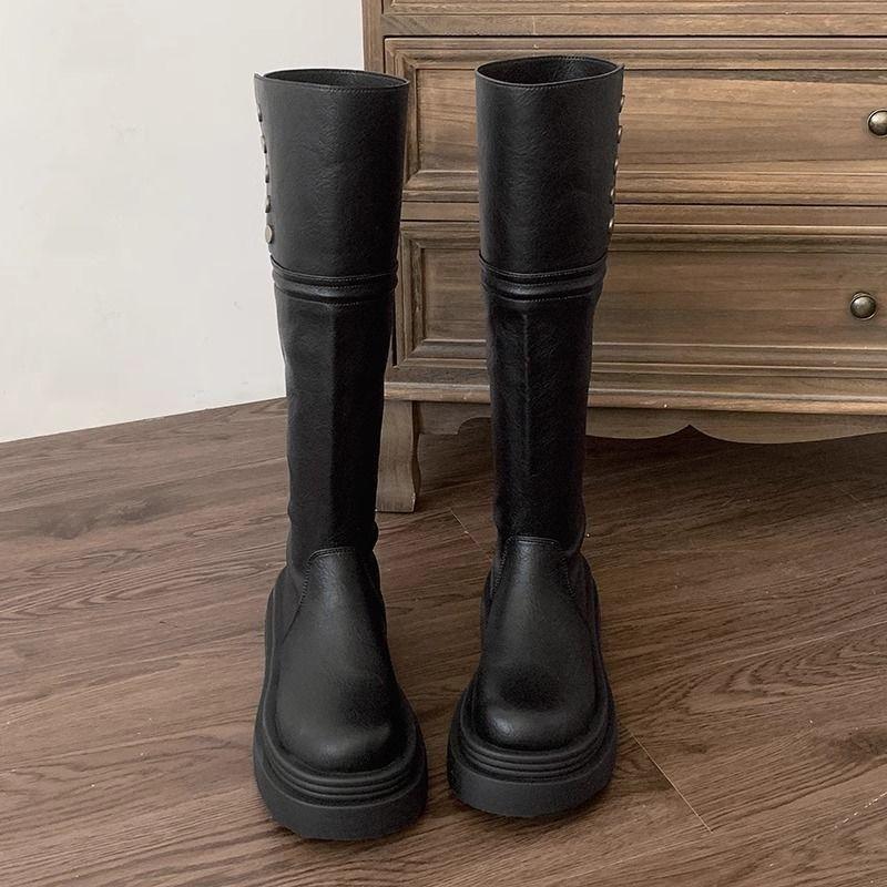 Универсальные, увеличивающие рост и тонкие рыцарские сапоги, черные американские ретро-сапоги на толстом каблуке и платформе, женские, новинка осени 2024 года