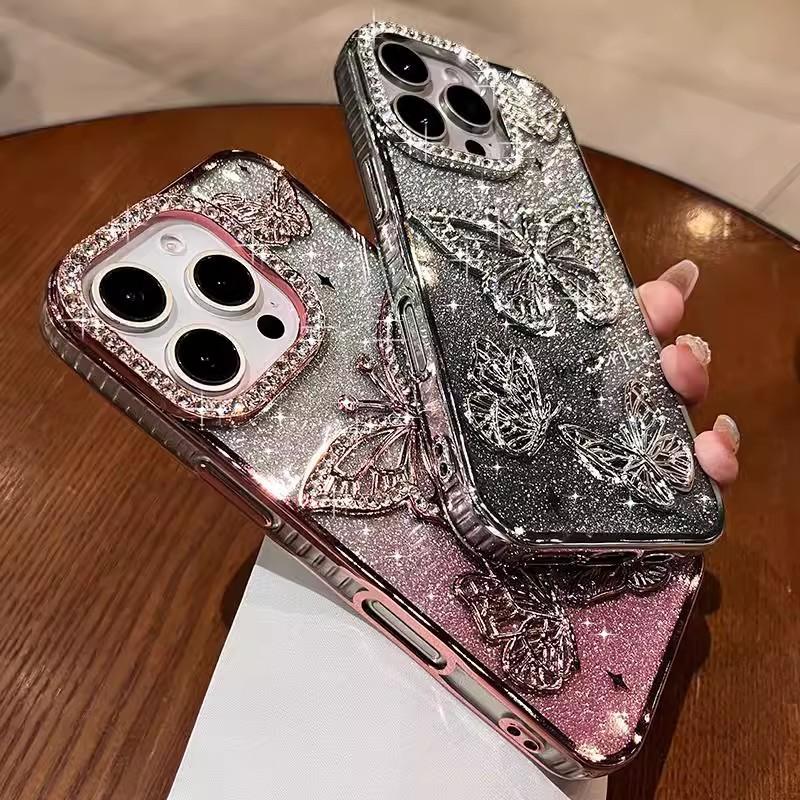 Страз Бабочка Подходит для чехла для мобильного телефона Apple 16PROMAX Iphone15 Флэш-пудра 14 Противоударный защитный чехол для женщин