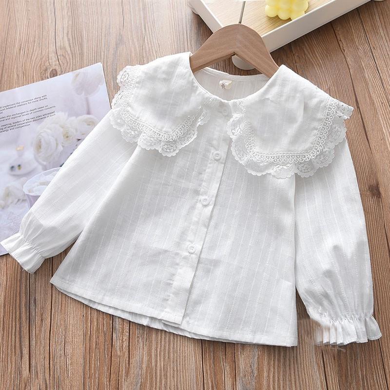 Spring Cotton Girls Blouses Shirt Long Sleeve Solid White Tops Kids Lapel For SchooL Clothes Children Tops