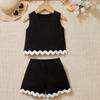 2Pairs/Set Baby Girls Set Comfortable Casual Summer Children's  Sleeveless Wave Pattern Solid Color Kids Fashion Set
