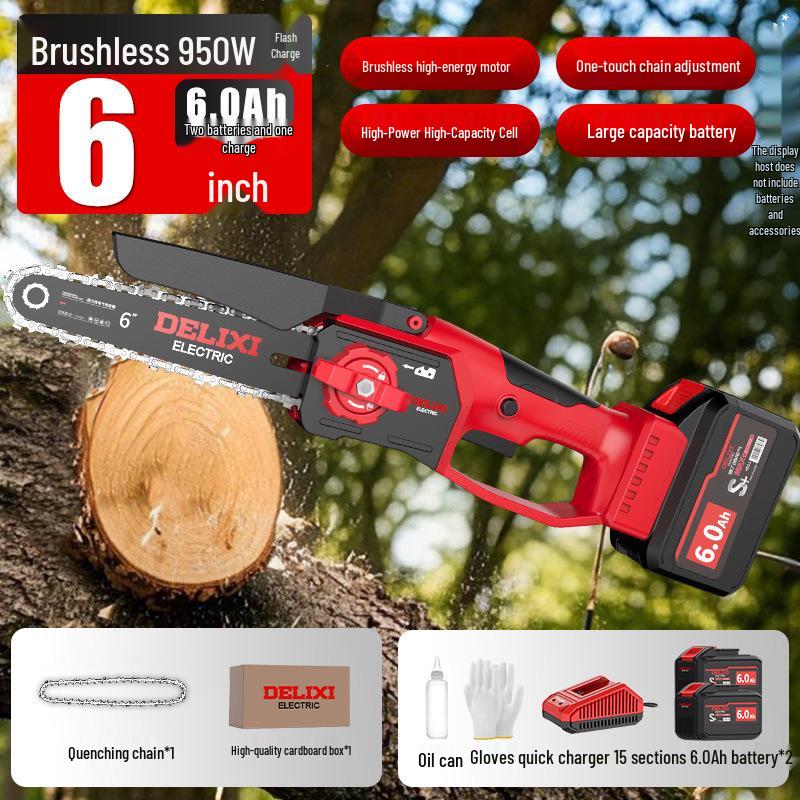 Delixi Rechargeable Brushless Electric Chainsaw with Lithium Battery - Handheld Garden Pruning and Felling Tool for Fruit Trees.