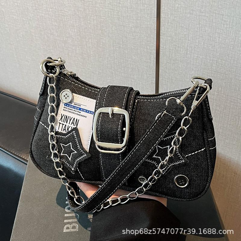 New Fashion Personalized Millennial Babes Y2k Babes Black Star Denim Underarm Bag Niche Messenger Chain Bag
