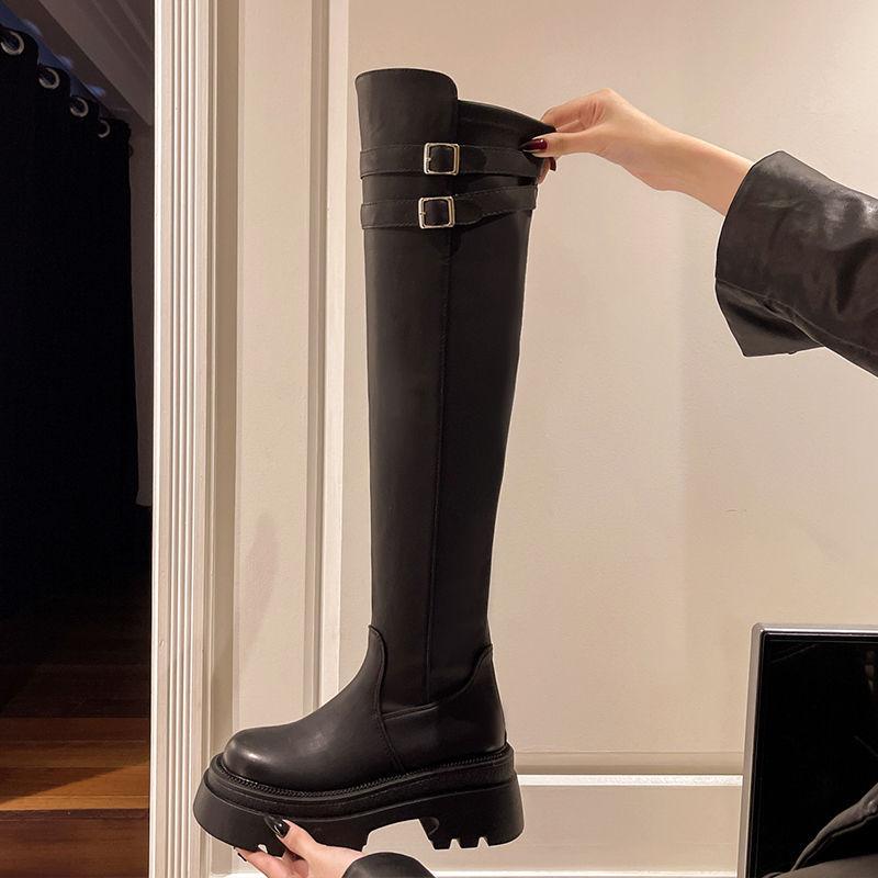 Черные ботфорты-скинни женские осенне-зимние новые британские на толстом каблуке платформе с ремешком и пряжкой темпераментные женские ботинки