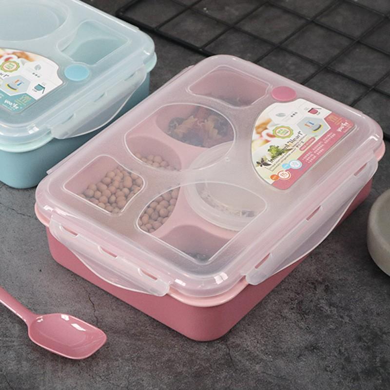 Reusable Plastic Bento Box Kids Adults 4-Compartment Square Lunch Container Microwave Safe Lightweight Portable Meal