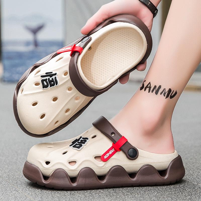 Туфли с дырочками на толстой подошве, мужская модная индивидуальная верхняя одежда, тапочки-мешки, мужские нескользящие пляжные сандалии двойного назначения