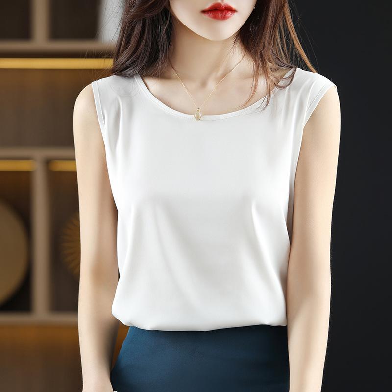 Satin Silk Vest Summer Women's Vest Pullover Short Top Sleeveless Vest Round Neck Solid Color Camisole