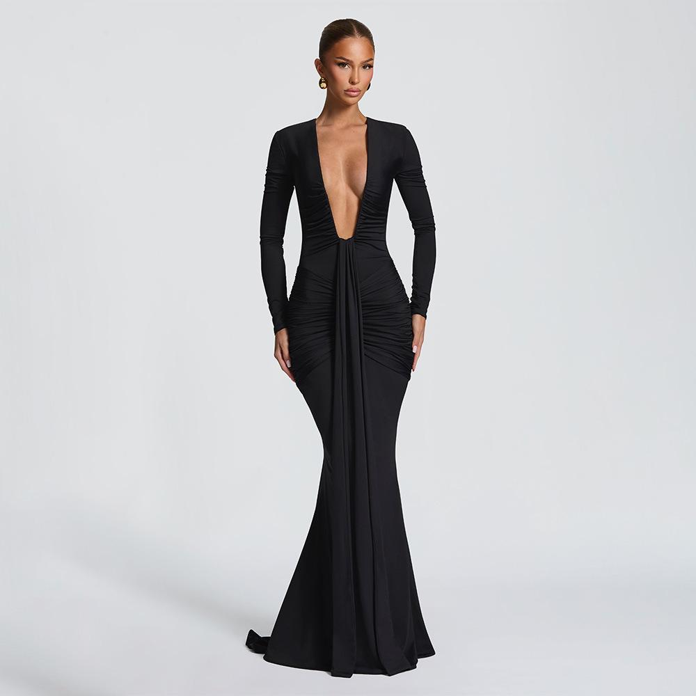 European and American new products sexy low-cut splicing waist dress skirt solid color long-sleeved pleated streamer fishtail skirt