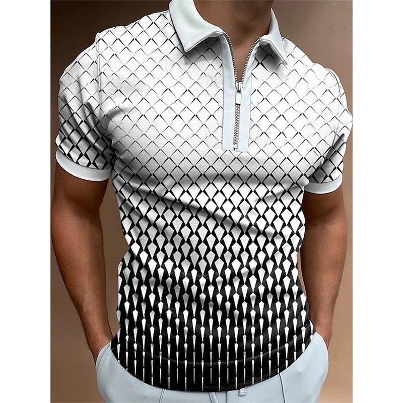 Trendy Short-sleeve Polo Shirt with Checkered Graphic, Zipper Collar, Stylish 2 Tone Design.