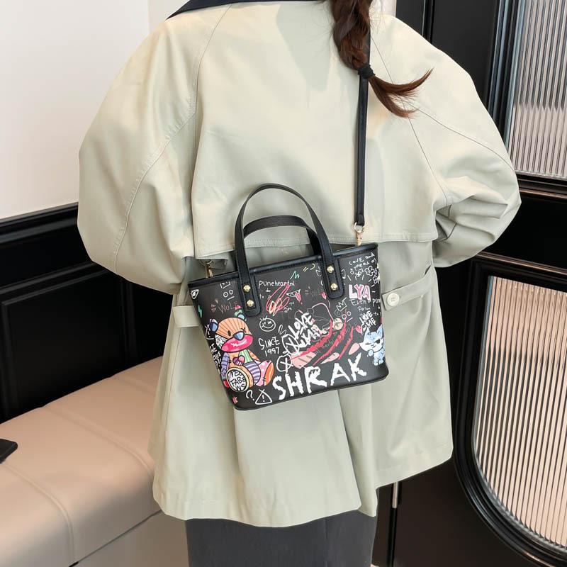 Cartoon Graffiti Pu Tote Bag For Women Large Capacity Water Bucket Style With Zip Closure