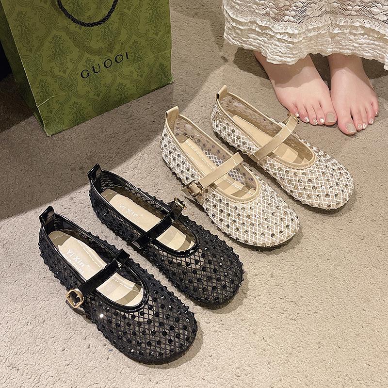 Stylish Mesh Rhinestone Catwalk Shoes Round Head Mary Jane Shoes Breathable Flat Ballet Single Shoes Women's Summer