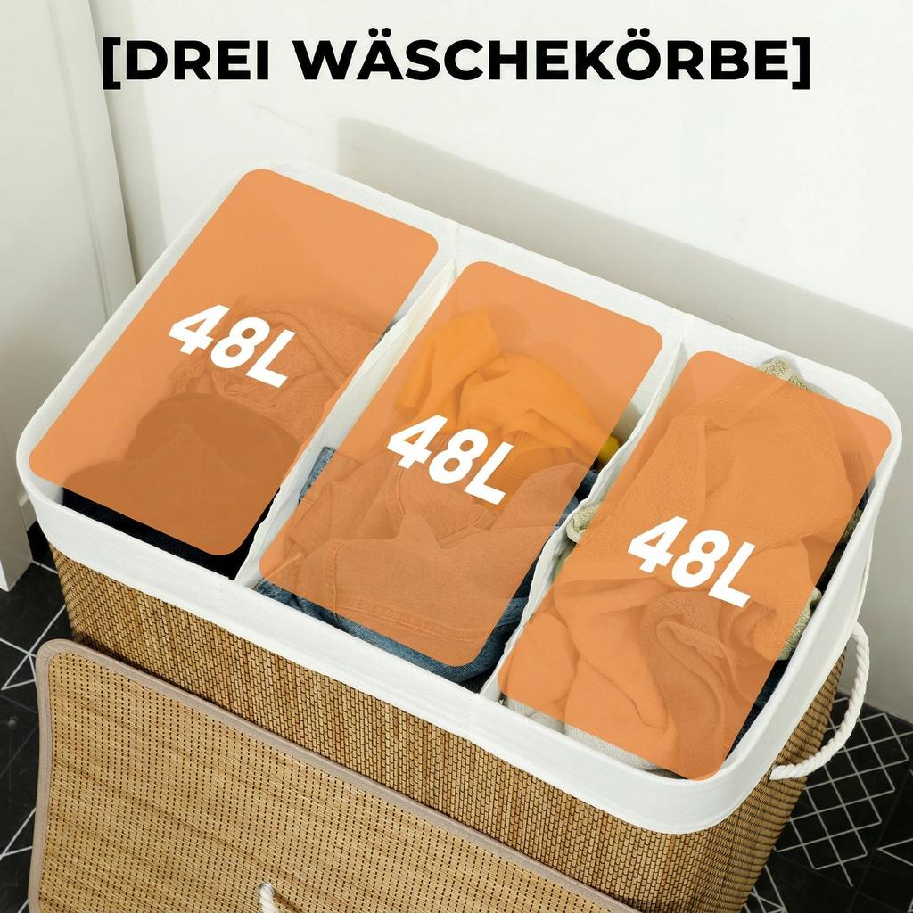 3 Section Laundry Basket with Lid, 144L Bamboo Laundry Hamper with Handles, Removable and Washable Liner, Brown