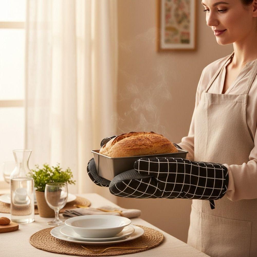 1 Pair Non-slip Oven Gloves Cotton Lining Baking Mitts Practical Heat Insulated Gloves Home