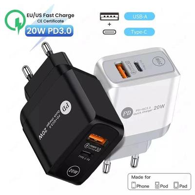 Двухпортовое быстрое зарядное устройство PD20W+QC3.0 со спецификациями для США/ЕС/Великобритании для мобильных телефонов
