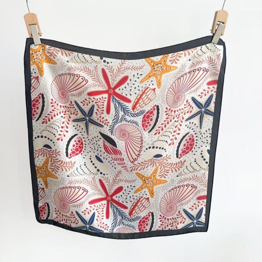 Conch Starfish Print Scarf Sea Star Shell Silk Scarf Retro Satin Hijab  Waist Scarf