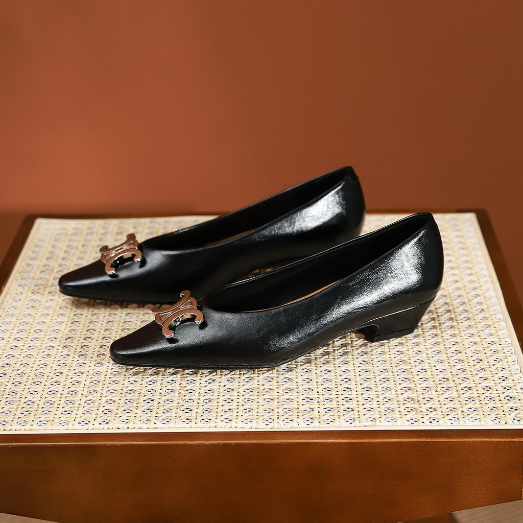 807-6 French Pointed Middle Heel Shoes Muse Temperament X Letter Buckle Thick Heel Shoes Black Work Shoes