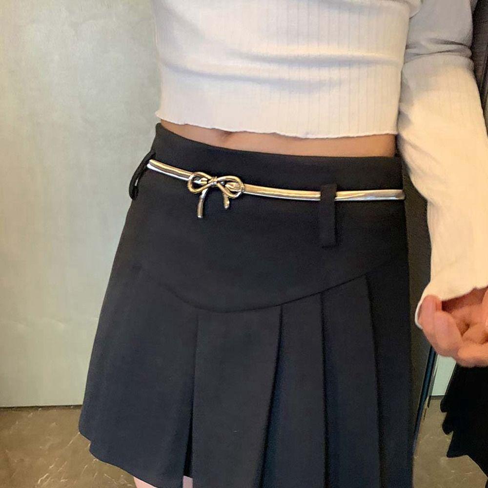 Y2k Thin Belt Silver Metal Waist Chain Sweet Elastic Bow Belt Trouser Decoration
