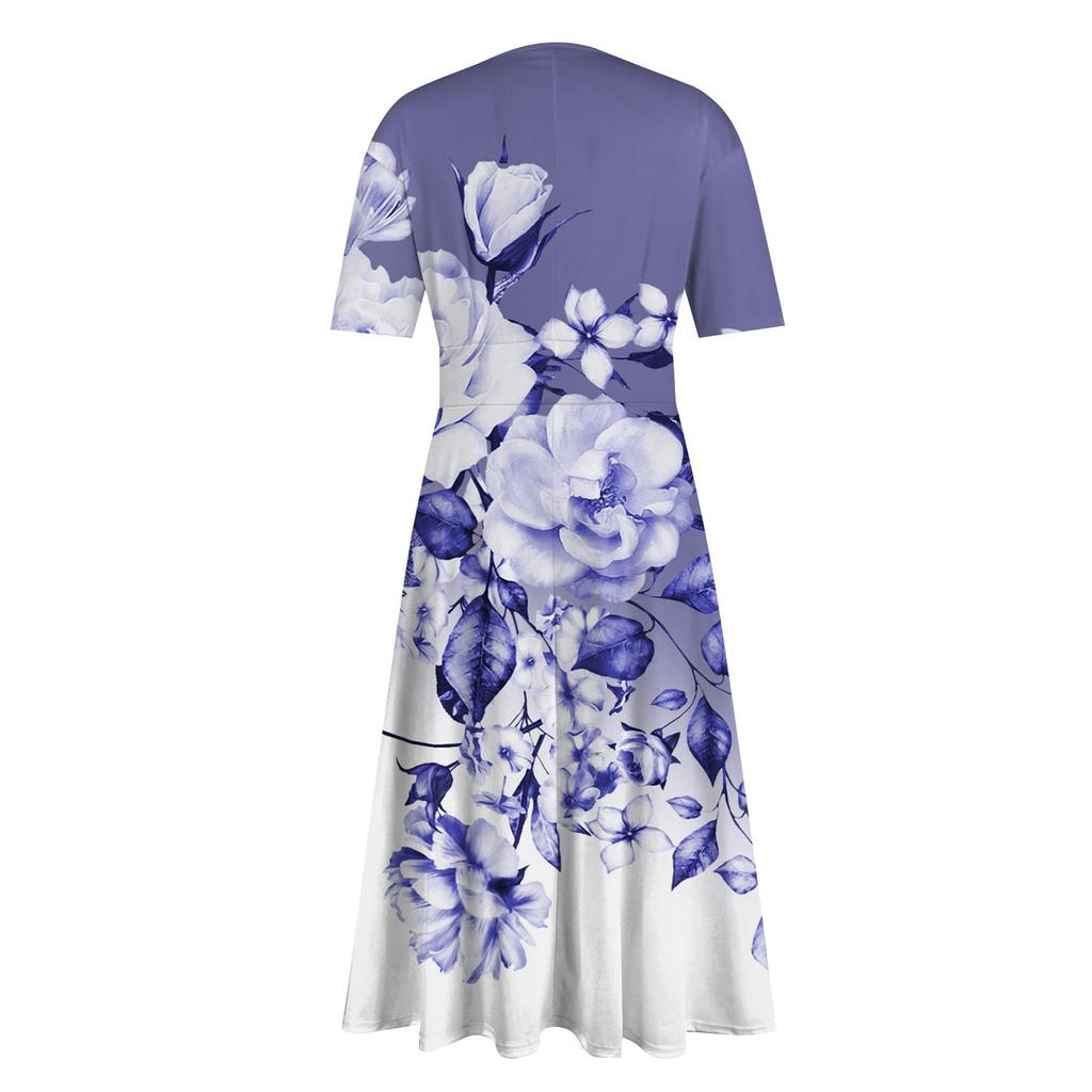 Женское повседневное модное платье с цветным V-образным вырезом и коротким рукавом на талии, длинное свободное платье