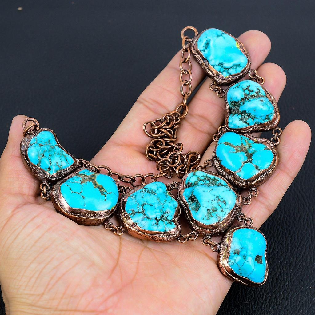 Turquoise Tumble Copper Electroformed Necklace with Adjustable Chain, Handmade Gemstone Jewelry Necklace For Memorial Day