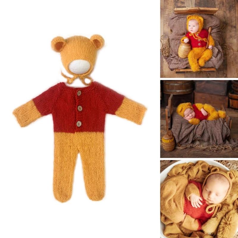 2pcs/set Newborn Photography Props Outfits Mohair Bear Hat & Footed Romper for Baby Photo Props Bodysuit Newborn Photo