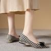 New Thick Heel Shoes Women's  Spring New All-match Pointed Toe Flat Shoes Houndstooth Bow Shallow Mouth Medium Heel