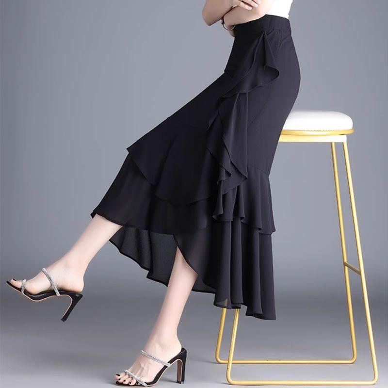 Женская шифоновая юбка средней длины, юбка-рыбий хвост, летняя, средней длины, с завышенной талией и кантом в виде листьев лотоса