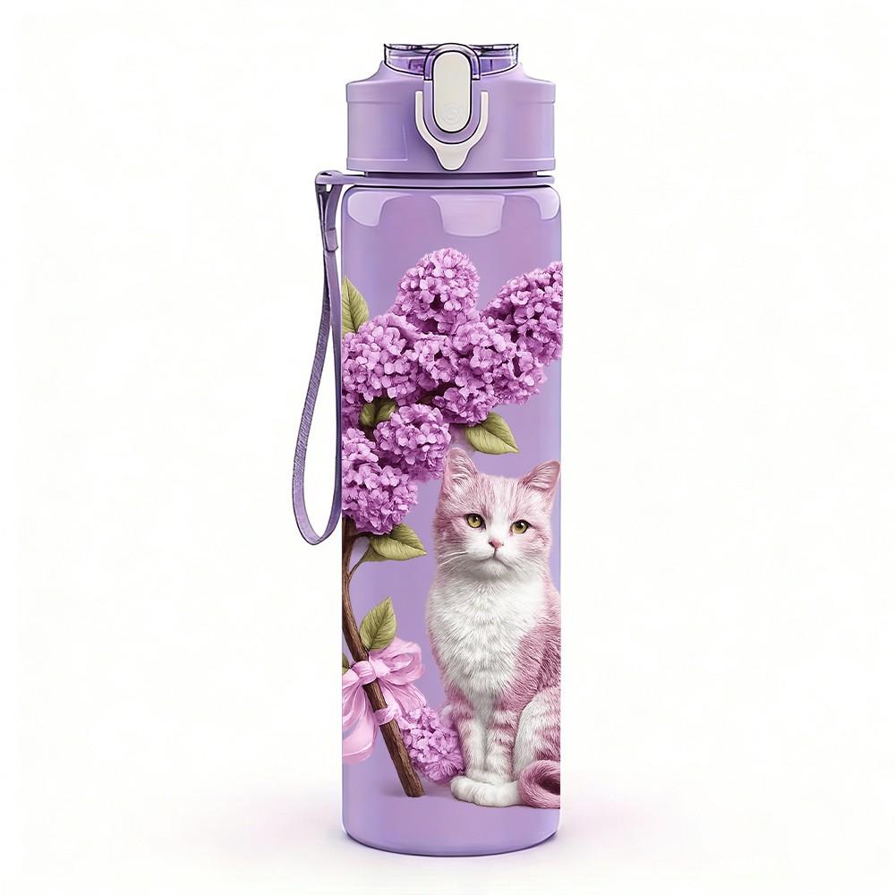1PC Purple Lilac Flower With Cat Print 750ml Color Plastic Sports Water Bottle Leakproof Flip Straw Lid Suitable for Sports Office Home Use