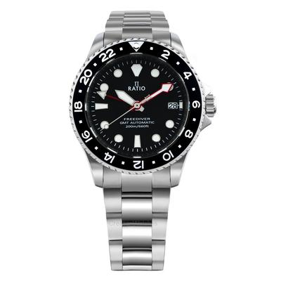 Мужские часы FreeDiver GMT Series с сапфировым стеклом из нержавеющей стали с черным циферблатом RTF051 200M
