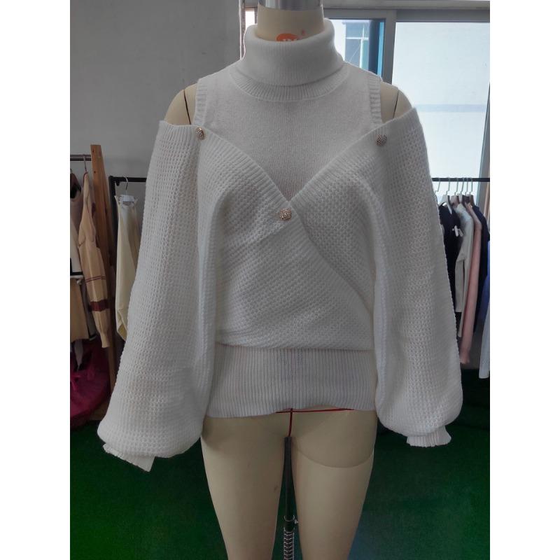 Осенне-зимний свитер женский без бретелек с длинным рукавом однотонный пуловер с высоким воротом вязаный свитер