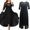 Fall Spring Women Dress See-through Hollow Out Lace Flower Embroidery Three Quarter Sleeve Double Layers Roud Neck Big Swing Plus Size High