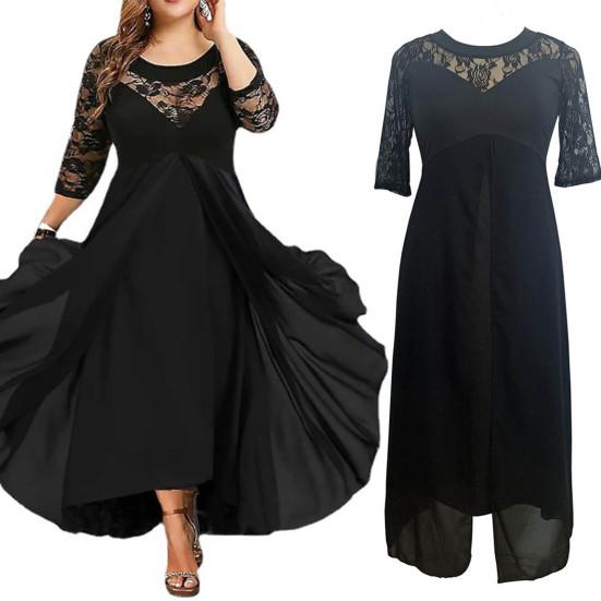 Fall Spring Women Dress See-through Hollow Out Lace Flower Embroidery Three Quarter Sleeve Double Layers Roud Neck Big Swing Plus Size High