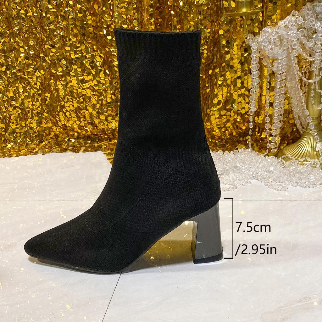 Fashion Women Spring Autumn Black Sock Boots Knitted Elastic Women's Chunky High Heels Short Boots Pointed Toe Botines Large Size 35-42
