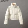 BITCED Short Stand-Up Collar Cotton Jacket for Women - Minimalist Oversized Fit Zipper Puffer Coat Solid Color